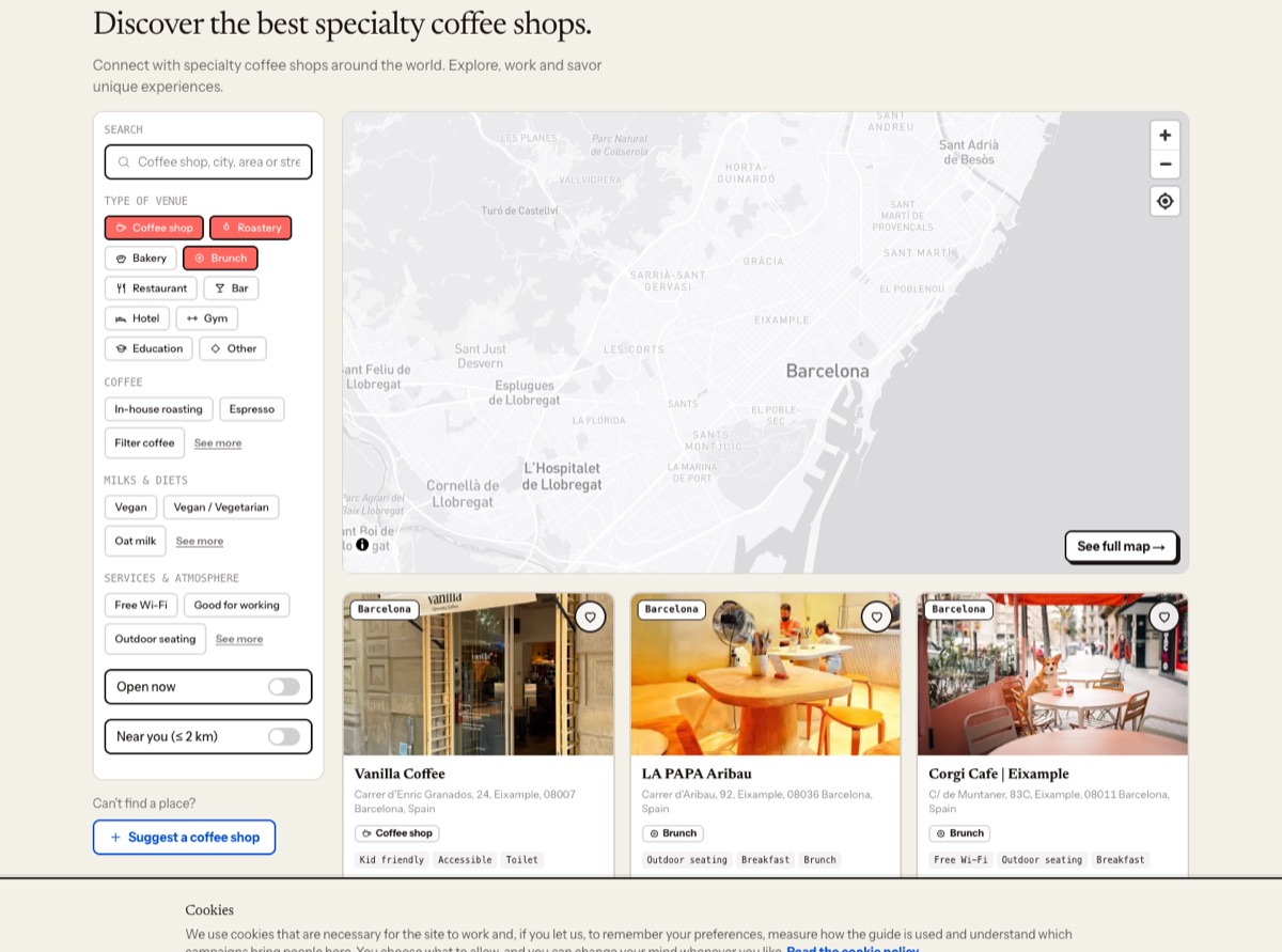 My Coffee Guide home page: filters and a map of specialty coffee shops in Barcelona